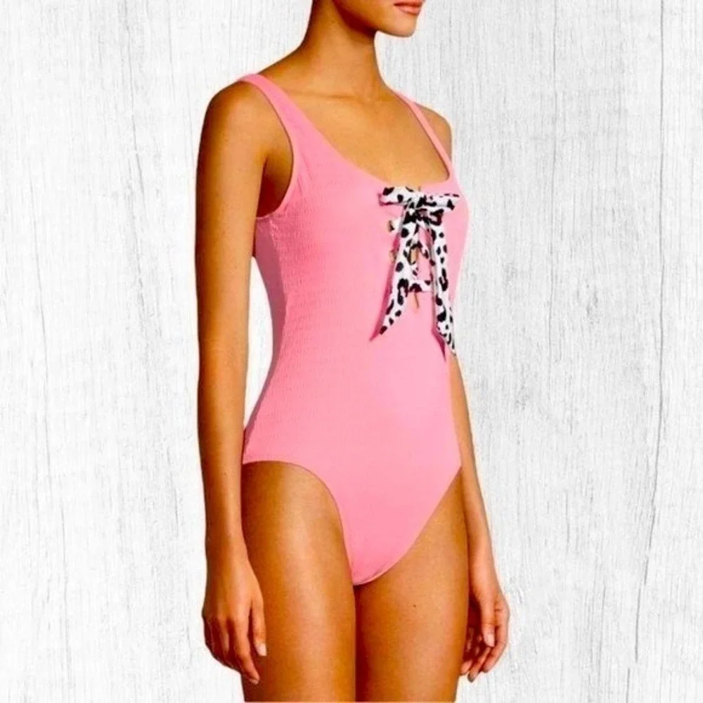 No Boundaries‎ Juniors Pink Lace-Up High Leg Swimsuit Size M 7-9 One Piece